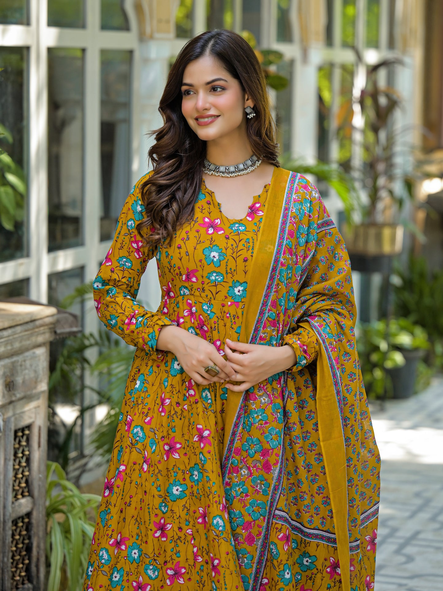 FALAK MUSTARD FLOWER COTTON SUIT SET
